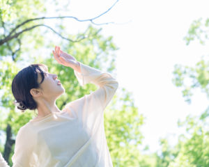 林の中木漏れ日に手をかざす女性